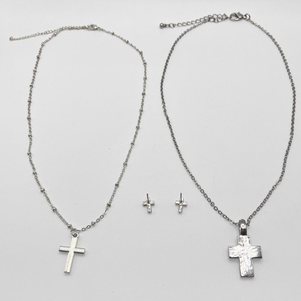 Rhinestone Cross Necklace Earrings Lot Silver Tone Christian Religious Jewelry - Picture 4 of 6
